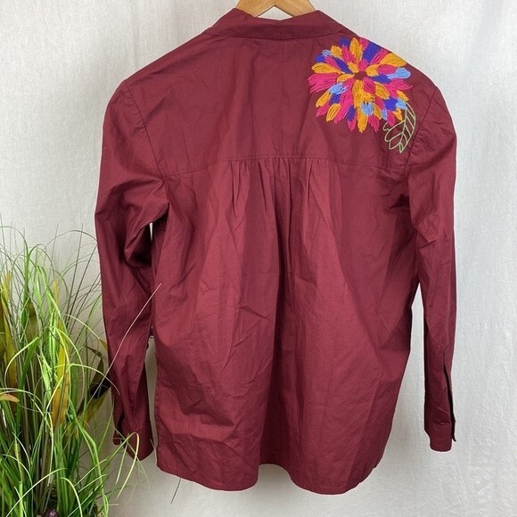 Anthropologie Red Embroidered Floral Button Front Long Sleeve Top by Maeve 6 - Picture 3 of 9